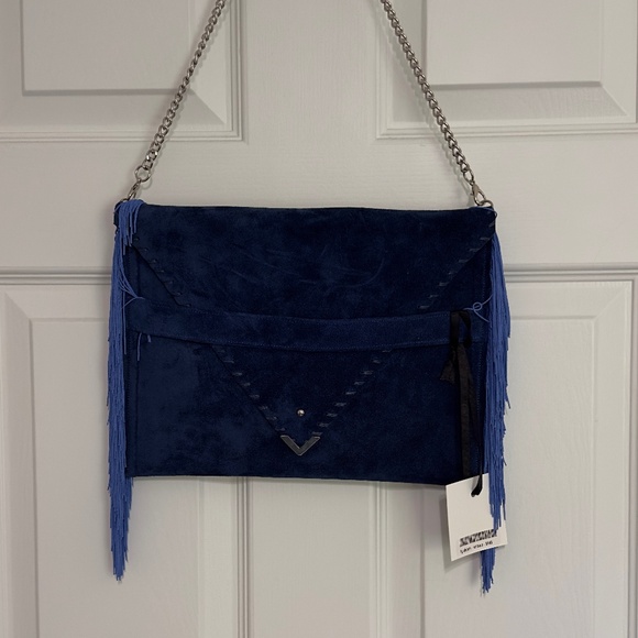 Ana Koutsi Handmade Suede Fringe Clutch • Navy Blue - Picture 3 of 6